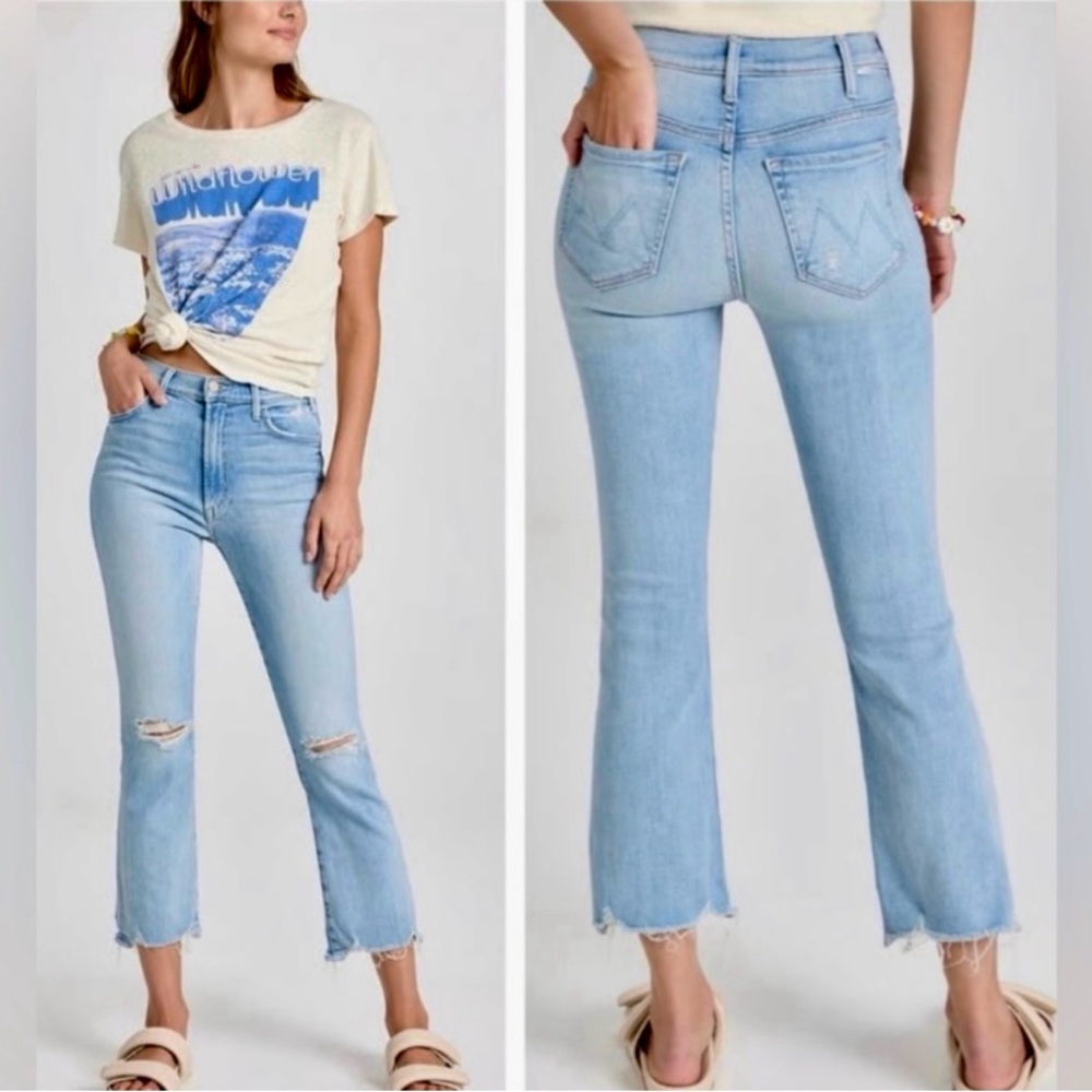 MOTHER The Hustler Ankle Chew Petal Plucker Distressed Light Wash Blue Cropped